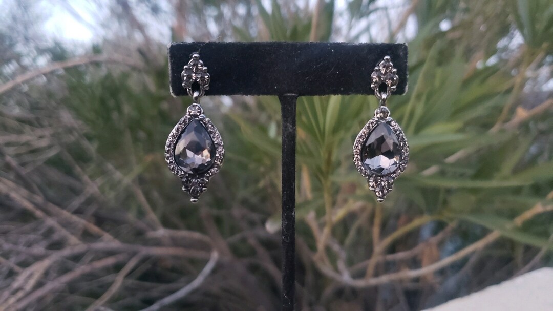 Silver Rhinestone Earrings, Gray Crystal Earrings, Black Diamond