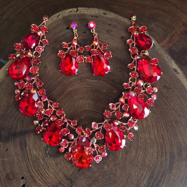 Red prom necklace and earrings set, red ab rhinestone necklace, red crystal necklace set