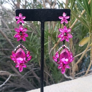 Fuchsia prom earrings, fuchsia rhinestone earrings, fuchsia dance earrings