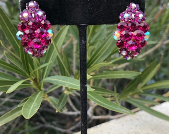 Magenta clip on earrings, fuchsia iridescent prom earrings, fuchsia dance competition clip on earrings