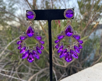 Purple rhinestone earrings, bright purple chandelier earrings, purple pageant earrings, purple fitness competition earrings