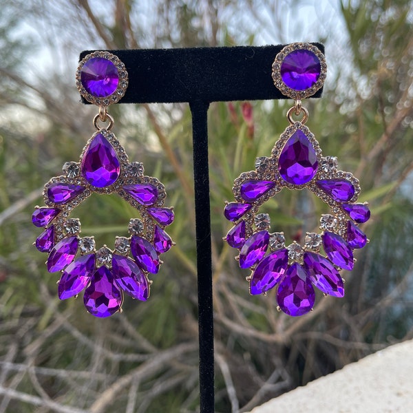 Purple rhinestone earrings, bright purple chandelier earrings, purple pageant earrings, purple fitness competition earrings