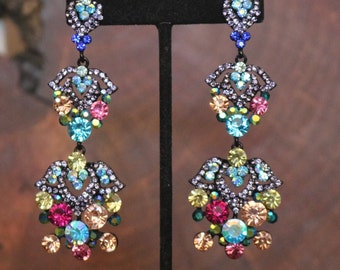 Multi color long rhinestone earrings, long blue multi color earrings, rhinestone pageant/prom earrings