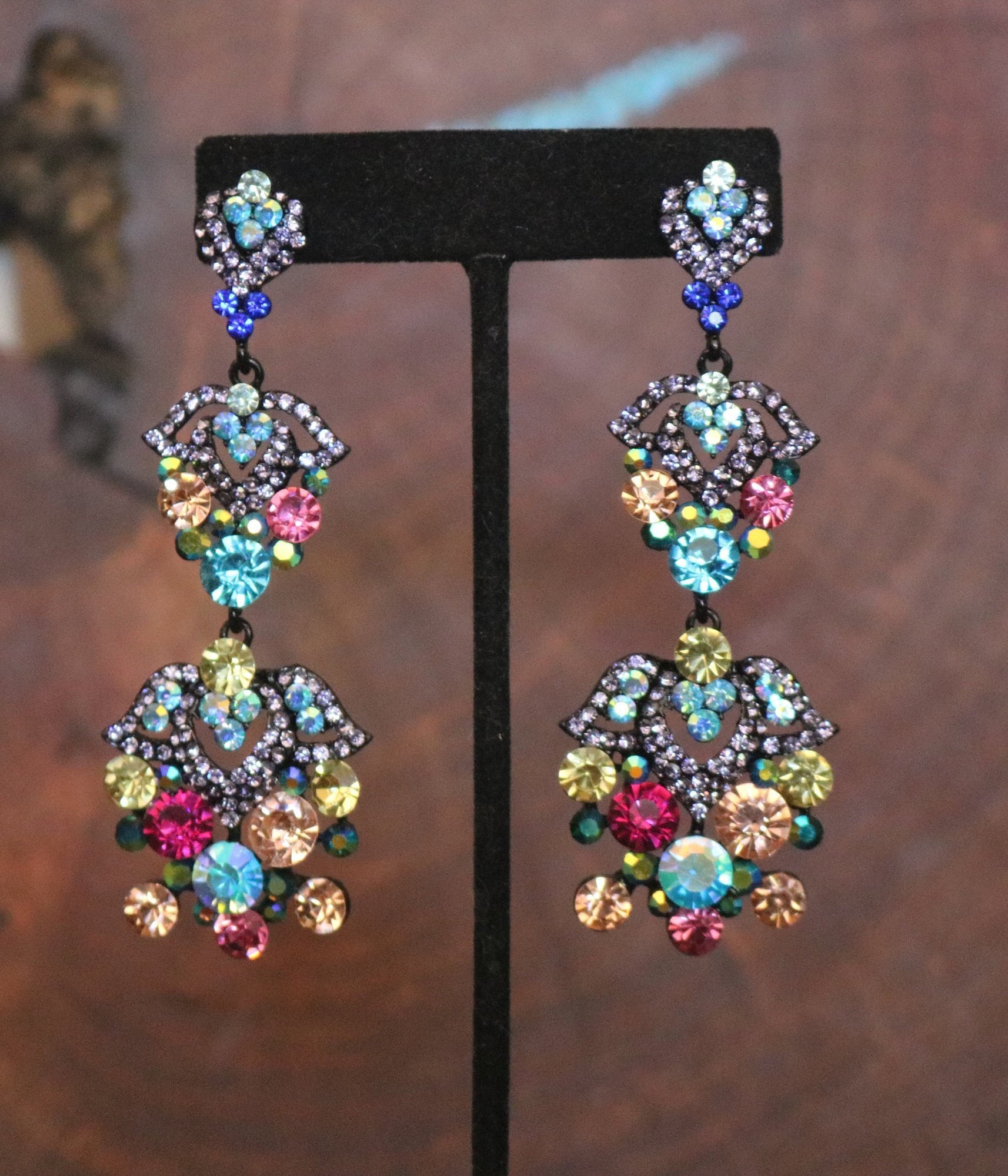 eskalere Kurve magnet Multi Color Long Rhinestone Earrings Long Blue Multi Color - Etsy