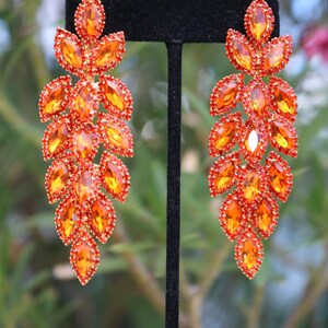 Orange dangle earrings, orange rhinestone earrings, orange pageant earrings, orange stage earrings, orange Halloween earrings imagem 4