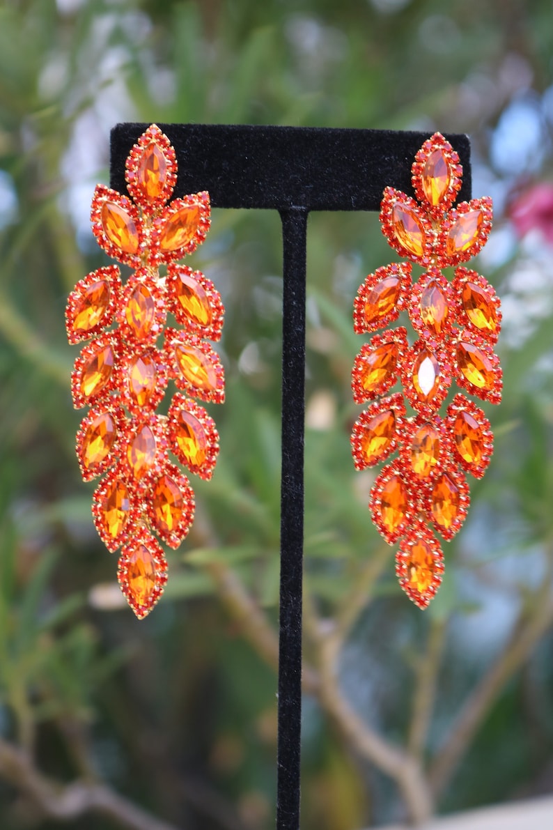 Orange dangle earrings, orange rhinestone earrings, orange pageant earrings, orange stage earrings, orange Halloween earrings imagem 4