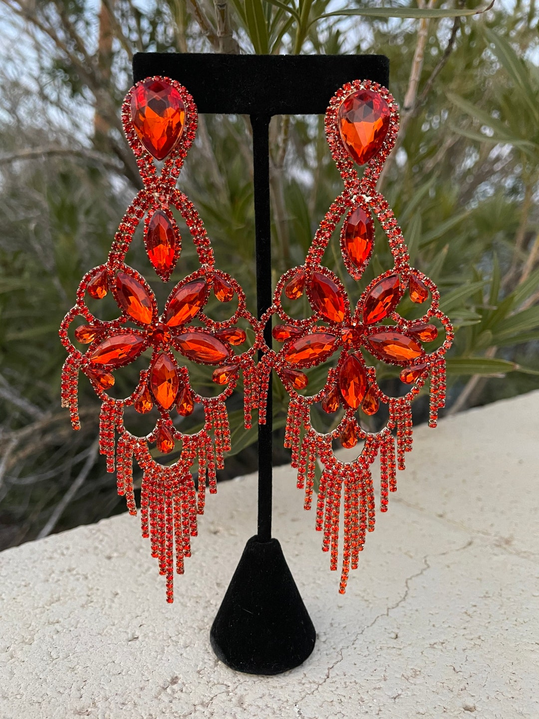 Oversized Orange Earrings, Extra Large Orange Rhinestone Earrings
