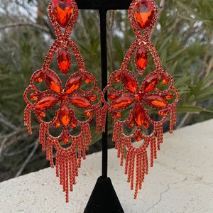 Oversized orange earrings, extra large orange rhinestone earrings, large orange pageant earrings
