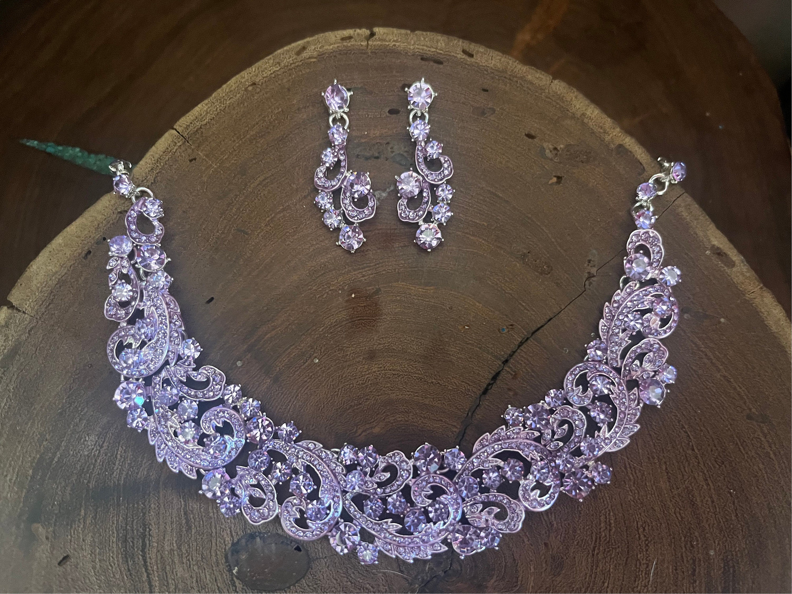 Lilac Rhinestone Necklace and Earrings Set, Lavender Bridal