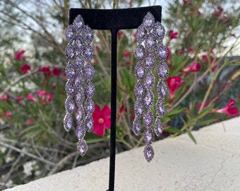 Long lavender earrings, lilac rhinestone earrings, light purple pageant earrings