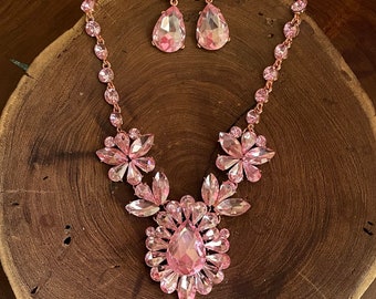 Pink rhinestone necklace, rose pink necklace and earrings set, pink prom necklace set