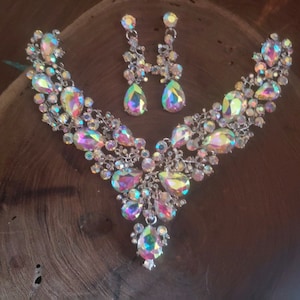 Ab rhinestone necklace, iridescent necklace and earrings set, aurora borealis necklace set, ab pageant necklace