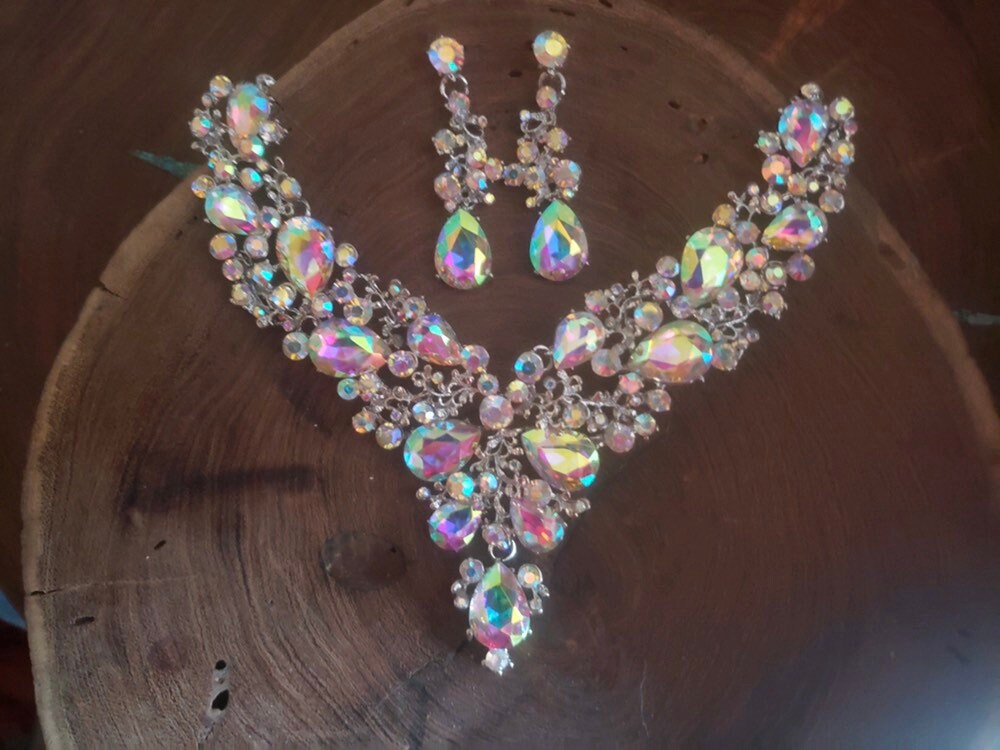 Ab Rhinestone Necklace, Iridescent Necklace and Earrings Set