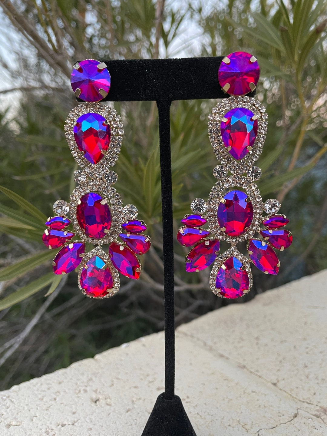 Fuchsia Ab Long Earrings, Fuchsia Iridescent Pageant Earrings, Fuchsia ...