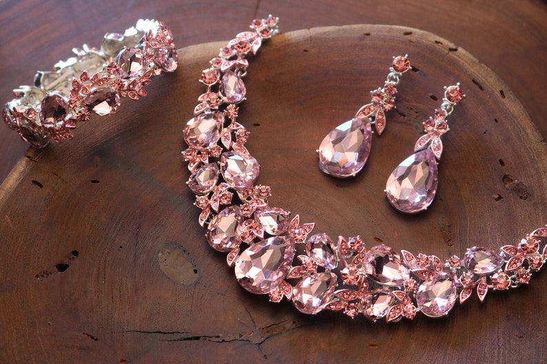 pink rhinestone set rose pink necklace and earrings set light pink bridesmaid jewelry pink bridal jewelry set pink prom necklace set