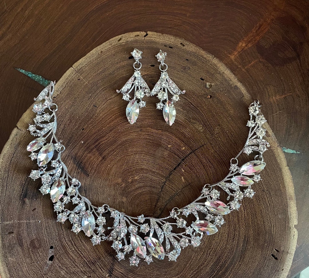 Bridal Crystal Pearl Necklace & Earrings Set - Statement Collar Jewelry For Wedding, Party - View #5