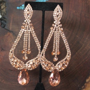 Rose Gold Chandelier Earrings, rose gold large crystal earrings, rose gold rhinestone pageant earrings, rose gold extra long clip on earring image 1