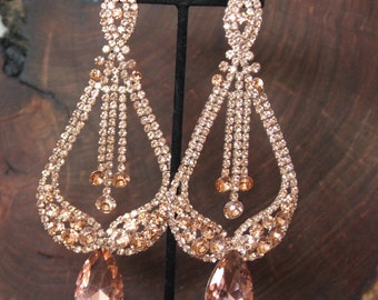 Rose Gold Chandelier Earrings, rose gold large crystal earrings, rose gold rhinestone pageant earrings, rose gold extra long clip on earring