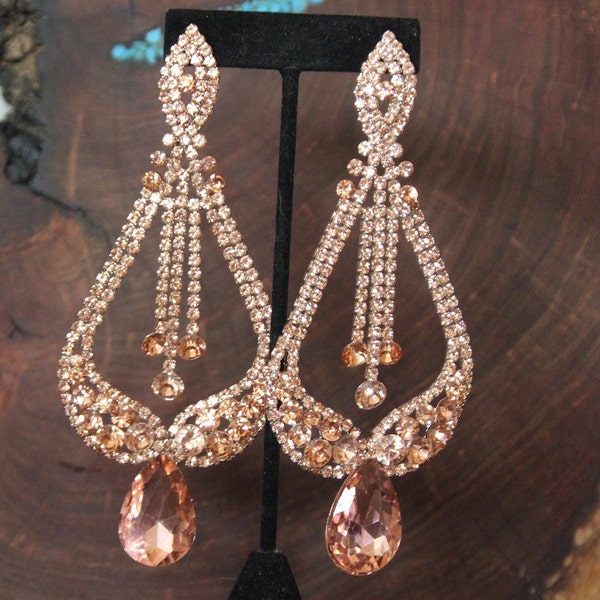 Rose Gold Chandelier Earrings, rose gold large crystal earrings, rose gold rhinestone pageant earrings, rose gold extra long clip on earring