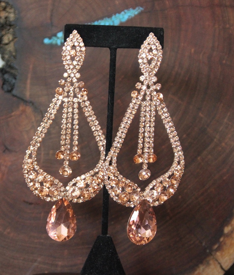 Rose Gold Chandelier Earrings, rose gold large crystal earrings, rose gold rhinestone pageant earrings, rose gold extra long clip on earring image 1