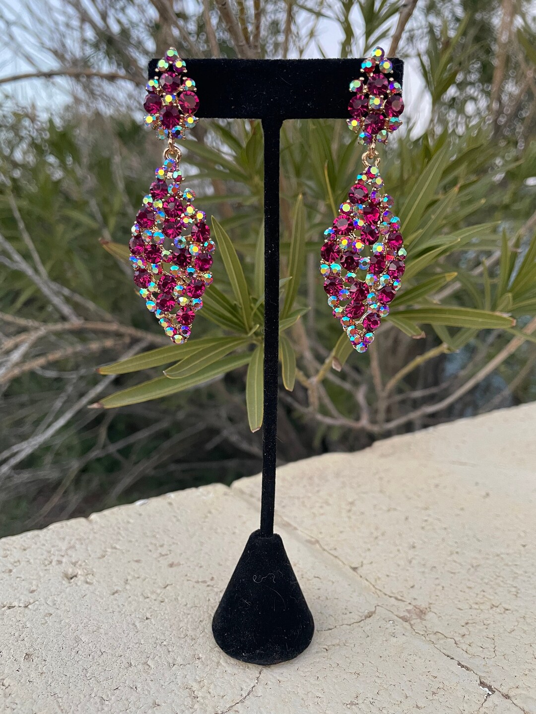 Fuchsia Ab Rhinestone Earrings, Fuchsia Iridescent Prom Earrings, Hot ...