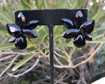 Black clip on earrings, black crystal earrings