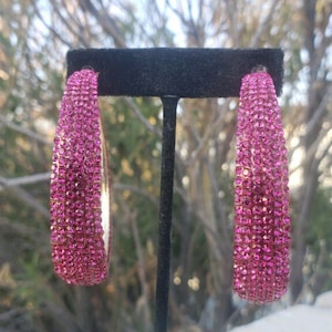 Oversized fuchsia hoops, large fuchsia rhinestone hoops, huge hot pink hoops, fuchsia pageant hoops