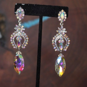 ab earrings, ab dangle earrings, ab long earrings, aurora borealis earrings, iridescent earrings, bridal earrings, pageant earrings, prom ab