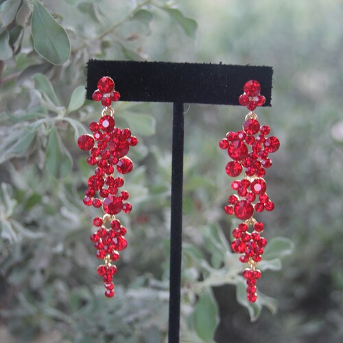 Red Dangle Earrings Red Rhinestone Pageant Earrings Red Etsy