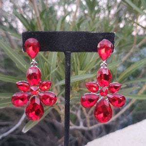 Red prom earrings, red rhinestone earrings, red ballroom dance earrings, red clip on earrings