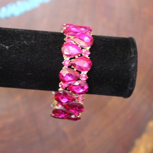 fuchsia bracelet, hot pink bracelet, fuchsia prom bracelet, hot pink bridal bracelet, pink crystal pageant bracelet, pink stretch bracelet image 3