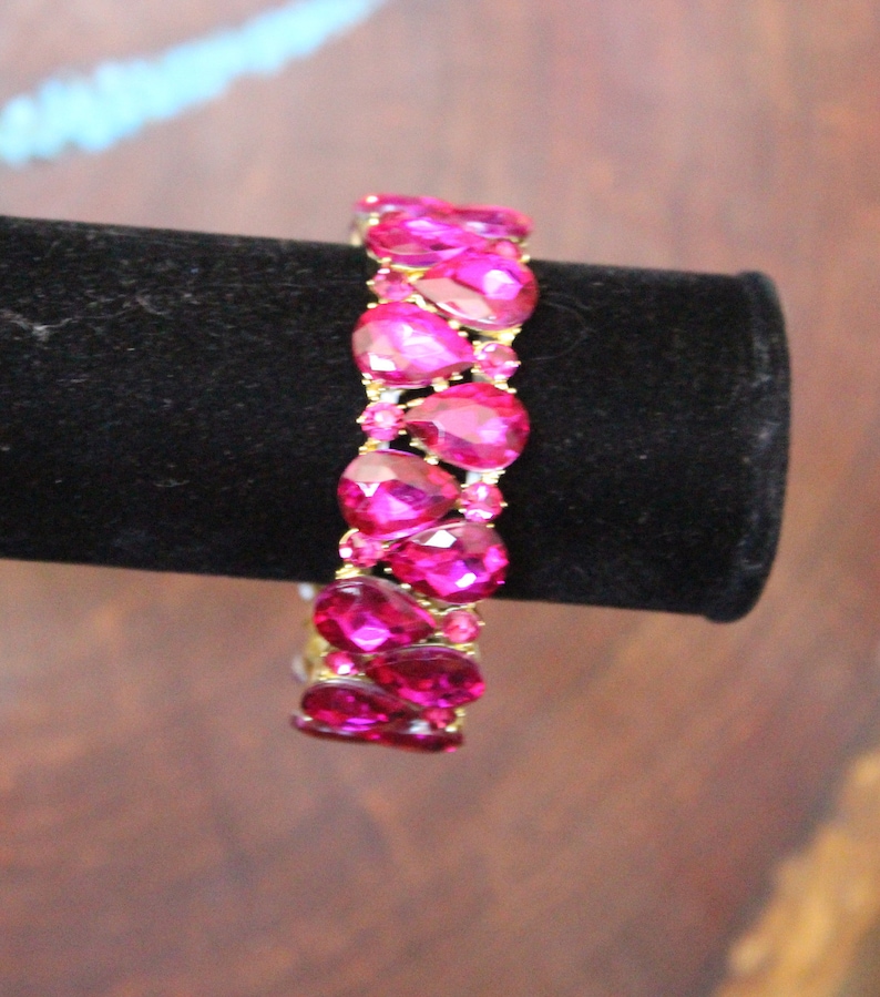 fuchsia bracelet, hot pink bracelet, fuchsia prom bracelet, hot pink bridal bracelet, pink crystal pageant bracelet, pink stretch bracelet image 3