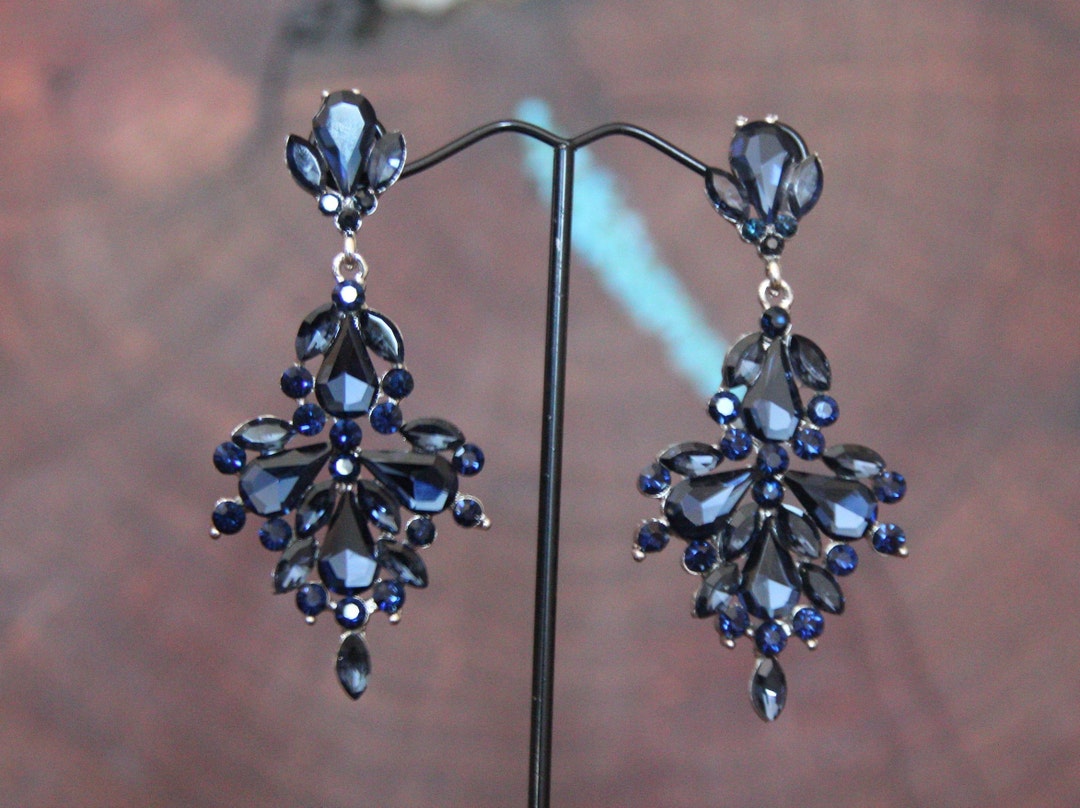 Navy Dangle Earrings, Navy Rhinestone Earrings, Navy Blue Earrings ...