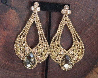 oversized gold earrings, huge gold clip on earrings, extra large gold rhinestone earrings, statement gold pageant earrings