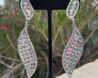 Ab long rhinestone earrings, aurora borealis earrings, iridescent prom earrings, ab pageant earrings, ab clip on earrings