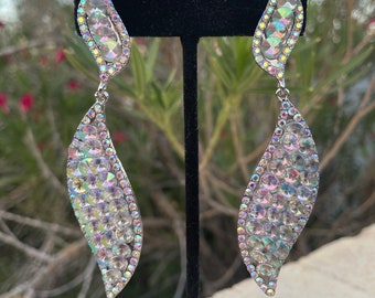 Ab long rhinestone earrings, aurora borealis earrings, iridescent prom earrings, ab pageant earrings, ab clip on earrings