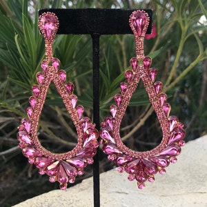 Hot pink dangle earrings, pink rhinestone earrings, pink long earrings, pink pageant earrings, hot pink prom earrings