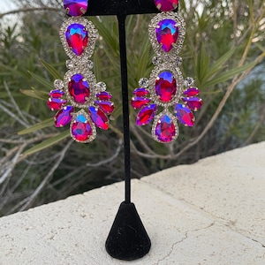 Fuchsia Ab Long Earrings, Fuchsia Iridescent Pageant Earrings, Fuchsia ...