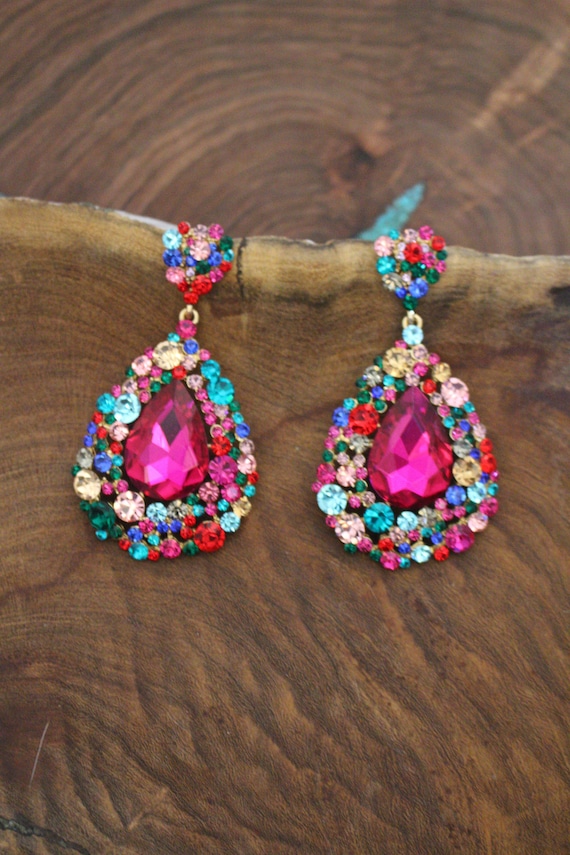 large earrings with pink and black enamel and large crystals – buy at  Poison Drop online store, SKU 45795.
