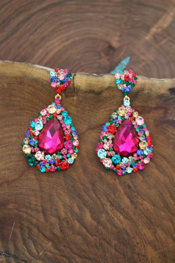 large earrings with pink and black enamel and large crystals – buy at  Poison Drop online store, SKU 45795.