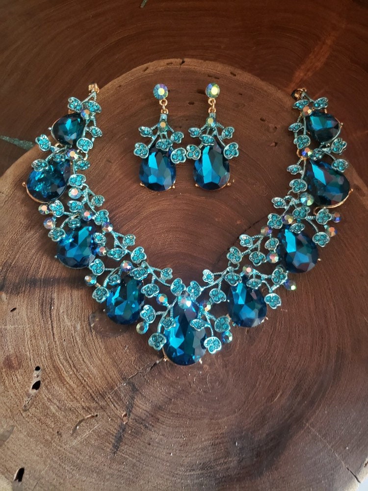 Teal Blue Rhinestone Necklace and Earrings Set Teal Jewelry Set Blue Zircon Necklace Set Deep Blue Necklace Etsy