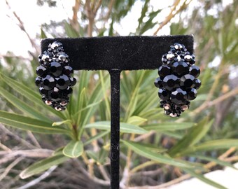 Black rhinestone clip on stud earrings, black prom studs, black large studs, black dance competition earrings, black evening clip earrings