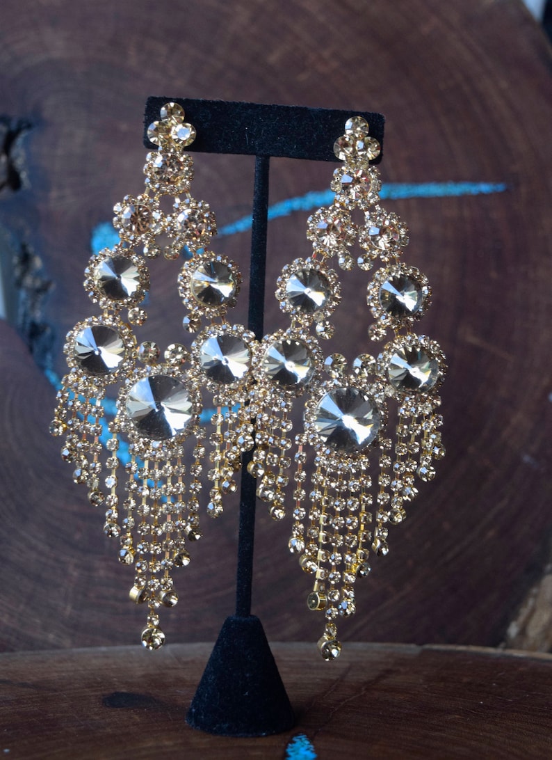 Gold Extra Large Rhinestone Chandelier Earrings Gold Etsy