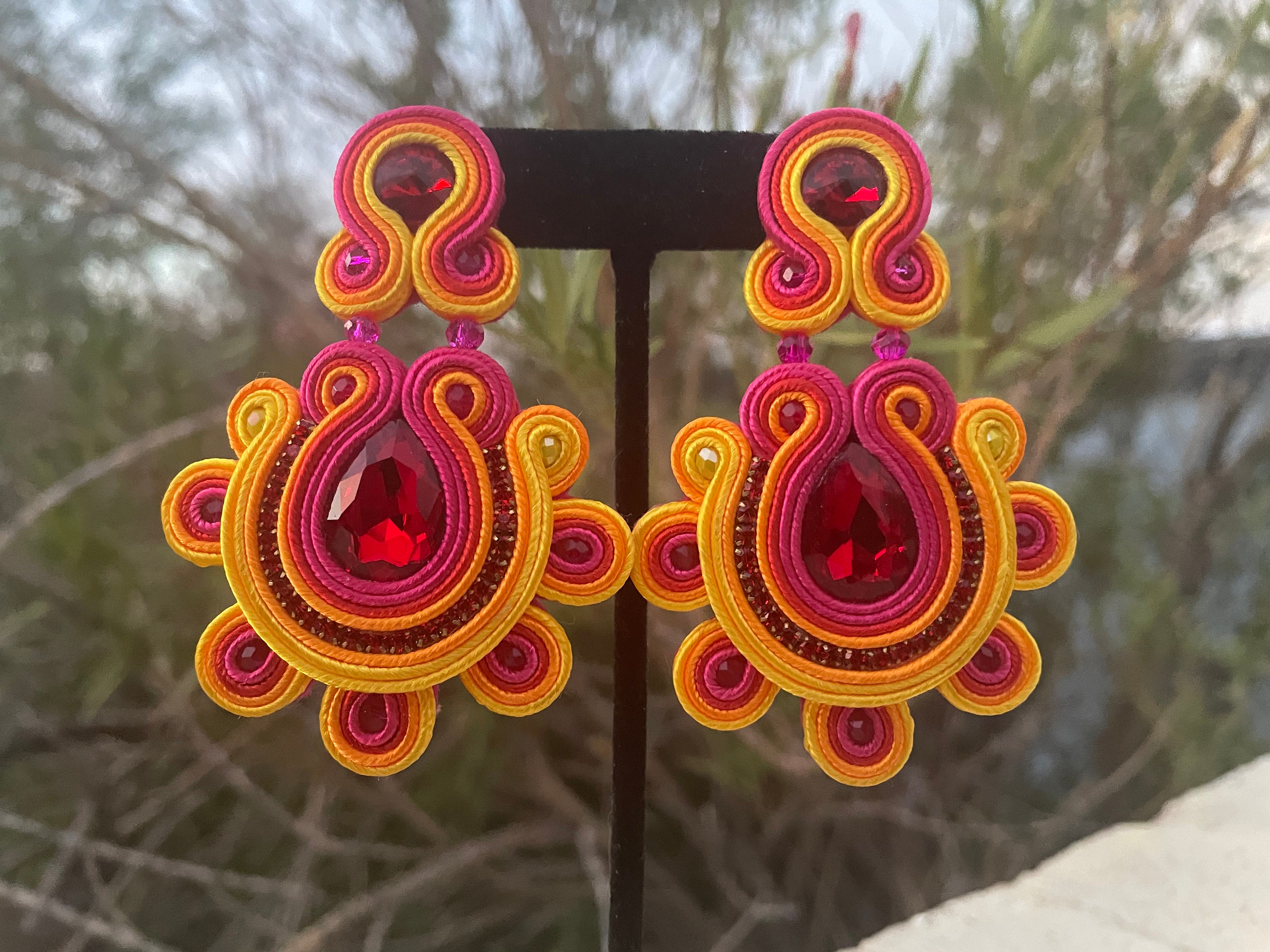 Yellow red soutache earrings, yellow red statement earrings, yellow and red clip on earrings