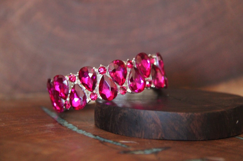 fuchsia bracelet, hot pink bracelet, fuchsia prom bracelet, hot pink bridal bracelet, pink crystal pageant bracelet, pink stretch bracelet image 5