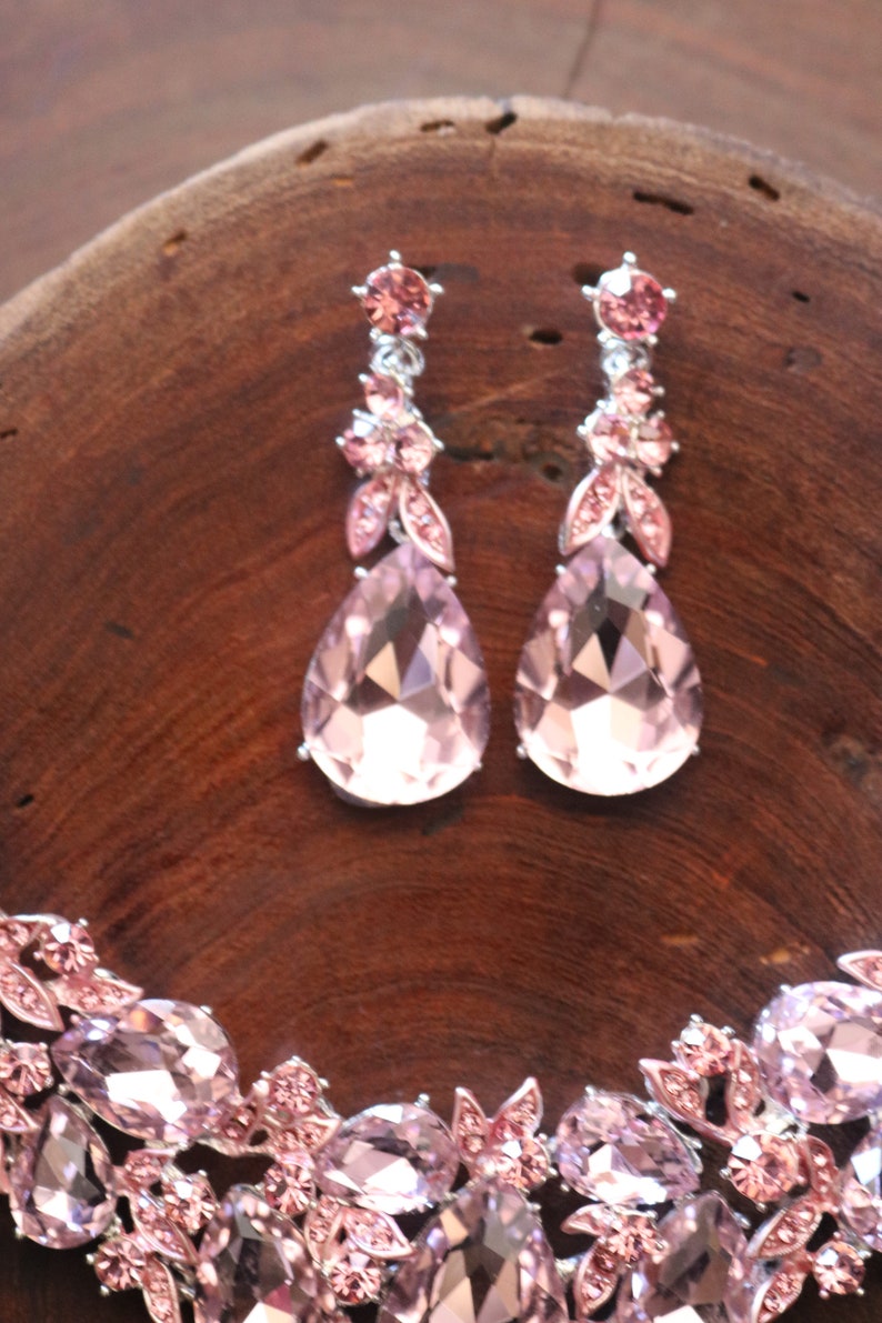 pink rhinestone set rose pink necklace and earrings set light pink bridesmaid jewelry pink bridal jewelry set pink prom necklace set