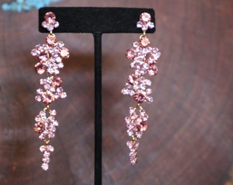 pink rhinestone earrings, pink dangle earrings. light pink earrings