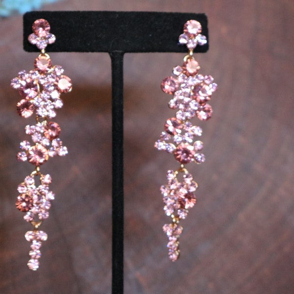 pink rhinestone earrings, pink dangle earrings. light pink earrings