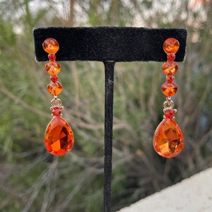 Orange earrings, orange rhinestone earrings, orange prom earrings, orange crystal dangle earrings