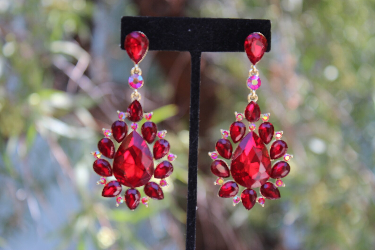 Red clip on earrings red prom earrings red and ab rhinestone Etsy